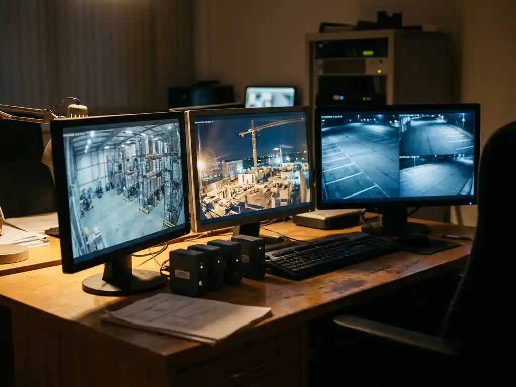 Beveiligingsprofessional achter meerdere monitors met live camerabeelden van magazijn, bouwplaats en parkeerterrein, met GSM-apparaten op bureau.