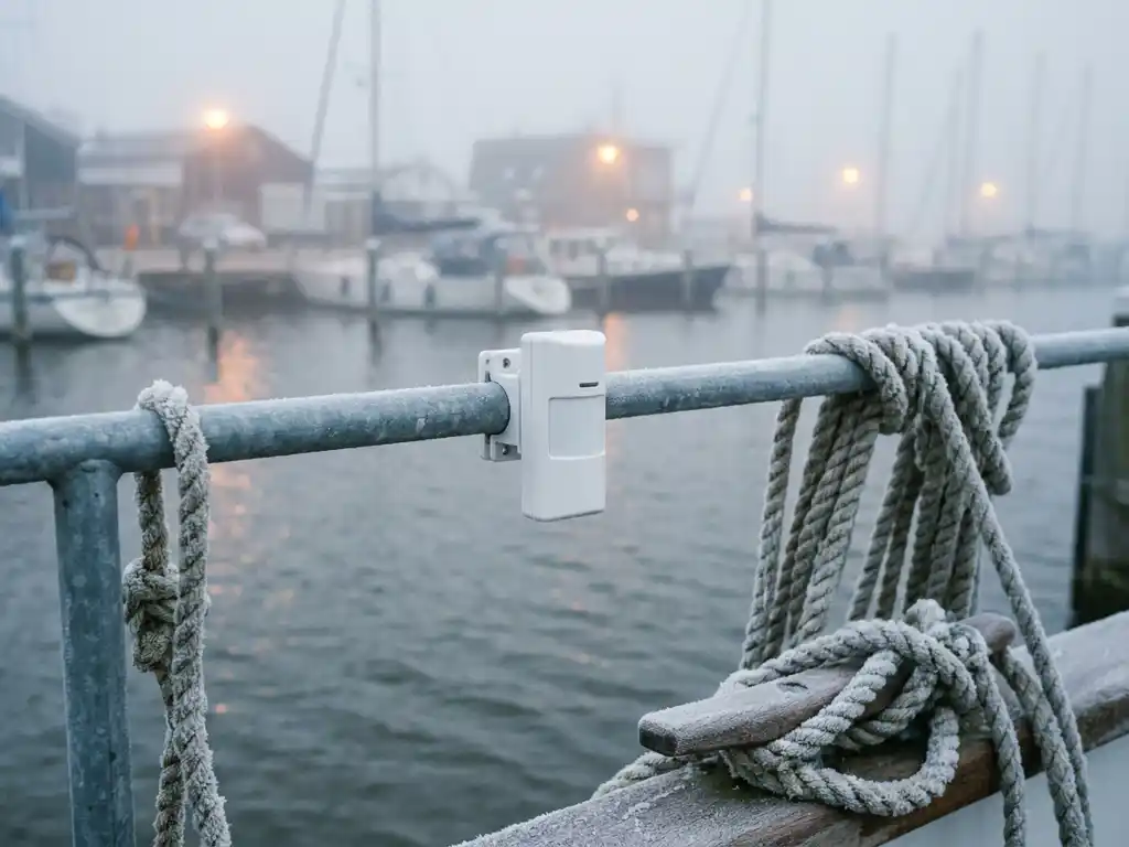 Witte beveiligingssensor geklemd aan een reling van een boot in een bevroren Nederlandse jachthaven, omgeven door rijpbedekte touwen en mistig winterwater.