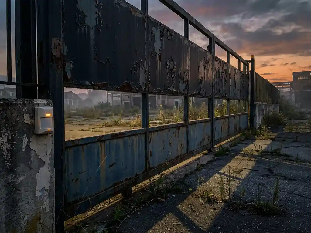 Verweerde metalen poort bij een verlaten industrieel terrein in de schemering, met een draadloze beveiligingssensor op een betonnen paal.