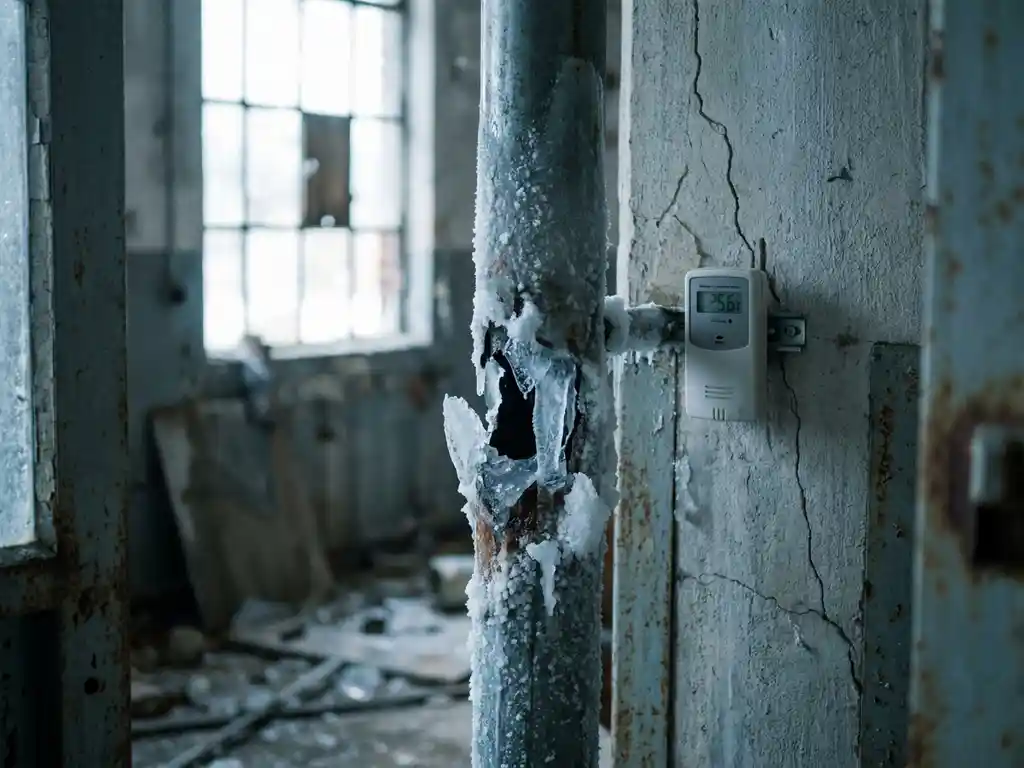 Bevroren leiding met ijskristallen en scheur in betonnen muur, draadloze temperatuursensor zichtbaar, verlaten industrieel gebouw.