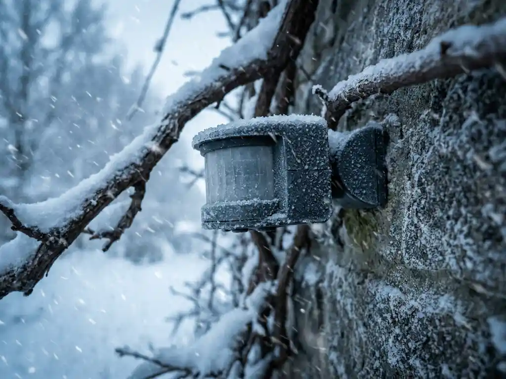 Buitensensor voor bewegingsdetectie op bevroren muur, omgeven door ijskristallen en sneeuw in strenge winteromstandigheden.