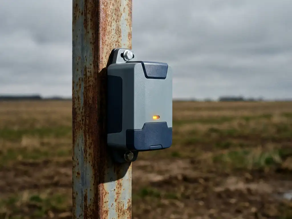 Draadloos alarmsysteem gemonteerd op verweerde metalen hekpaal op afgelegen off-grid bouwplaats, met amber waarschuwingslicht.