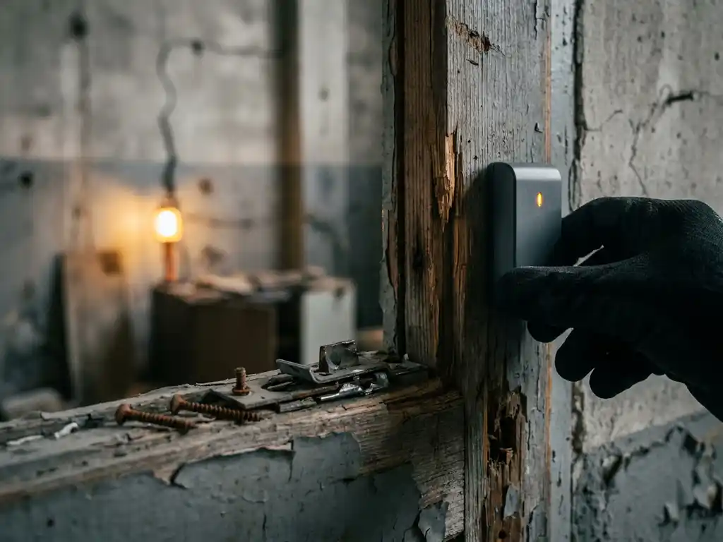 Draadloze alarmsensor gemonteerd op beschadigd deurframe met gesplinterd hout en gebroken slot in verlaten industrieel gebouw.
