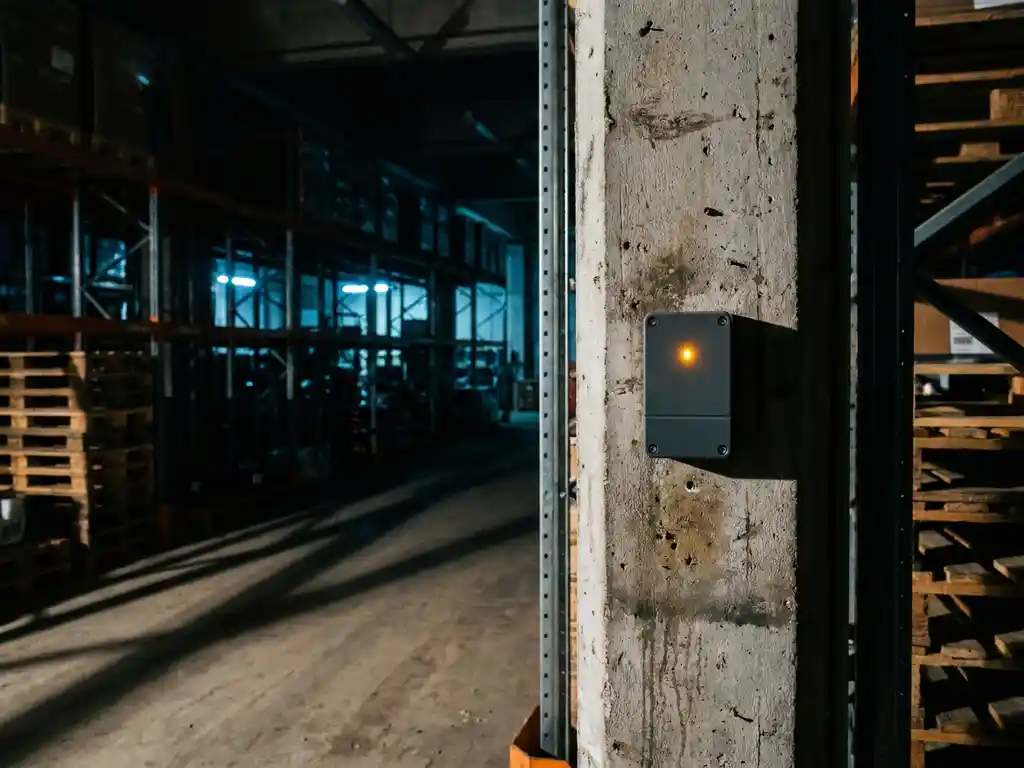 Draadloze alarmsensor op betonnen pilaar in donker magazijn met palletrekken, amber status-LED verlicht, industriële sfeer.