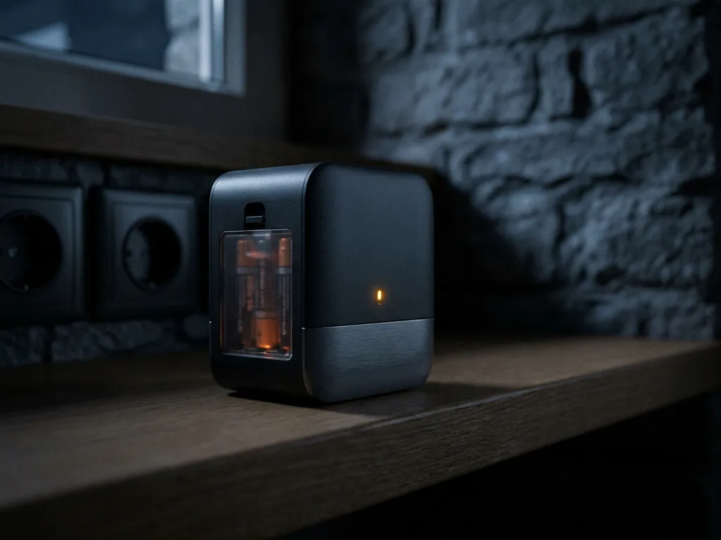 Draadloos beveiligingsapparaat met gloeiend amber LED-lampje actief tijdens stroomstoring, donkere kamer met dode stopcontacten op de achtergrond.