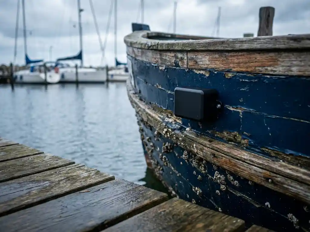 Draadloze beveiligingssensor op verweerde scheepsromp in jachthaven, met afgemeerde zeilboten op de achtergrond.