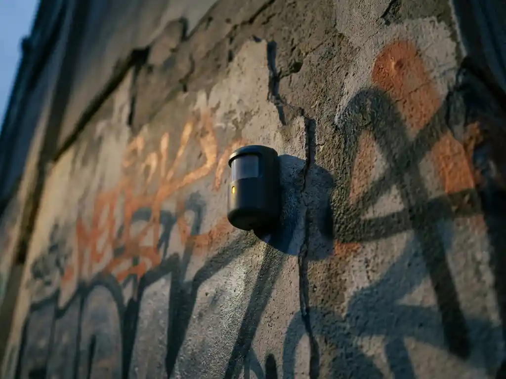 Draadloze bewegingsdetector met oranje lampje op verweerde betonnen muur met graffiti bij schemering.