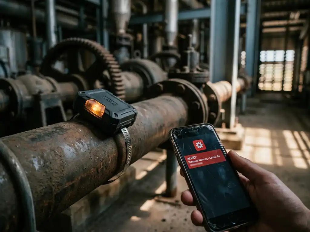 Draadloze sensor met oranje LED-indicator op industriële pijp, smartphone toont meldingsalert, fabrieksomgeving op achtergrond.