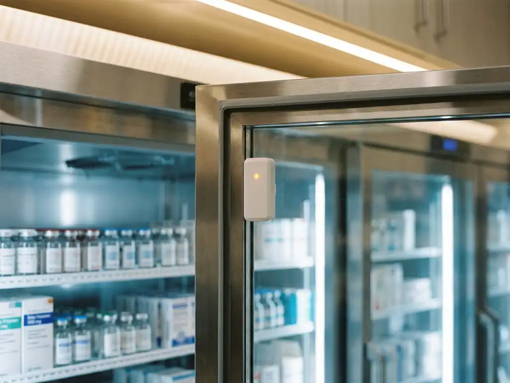 Draadloze temperatuursensor op apotheekkoelder met medicijnen zichtbaar op de achtergrond, amber indicatielampje brandt.