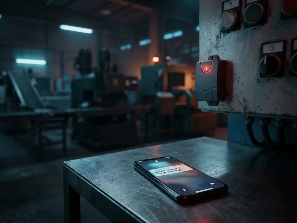 Compact GSM-alarmsysteem op industrieel schakelkast met rood waarschuwingslicht, smartphone toont pushmelding in productihal.