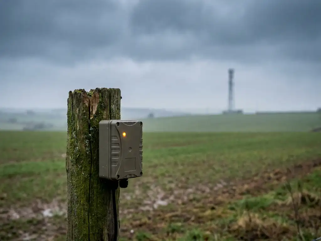 GSM-alarmsysteem op verweerde houten paal in landelijk gebied, met gloeien amber indicatielampje en verre zendmast in ochtendmist.