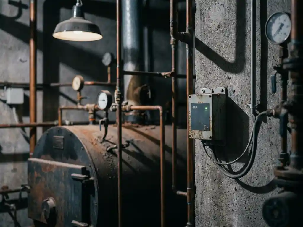GSM-monitor met groen statuslampje op betonnen muur in machinekamer met koperen leidingen en manometers.