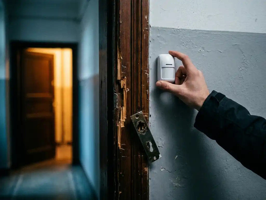 Beschadigd deurkozijn met gesplinterd hout en gebroken slot, draadloze beveiligingssensor gemonteerd op de muur ernaast.