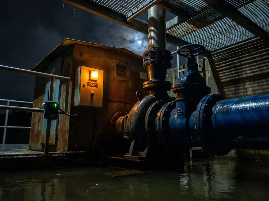 Industriële waterpomp ondergedompeld in duisternis met oranje waarschuwingslicht op bedieningspaneel en draadloze monitor, nachtelijke sfeer.