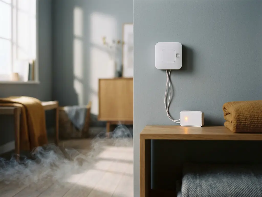 Witte CO-detector op muurbevestiging met draadloze alarmunit, lichte grijze gasnevels op vloerniveau in modern interieur.