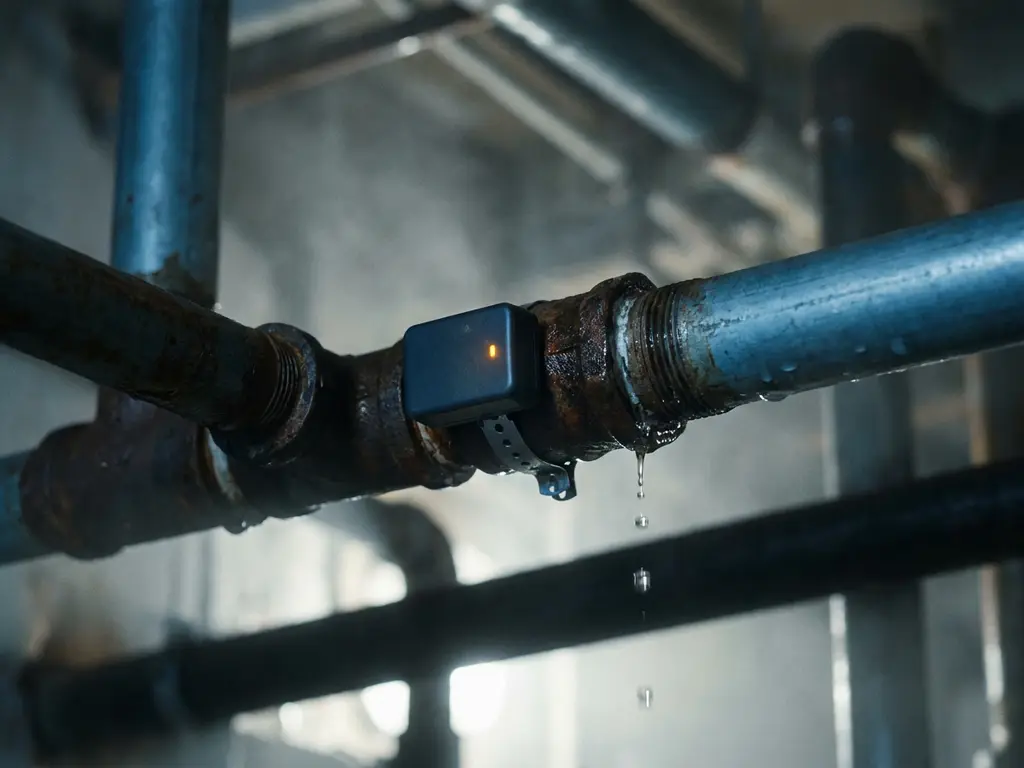 Draadloze sensor op leidingverbinding in industriële kelder detecteert waterlekkage, gloeiend amber indicatielampje, roestbruine tonen.