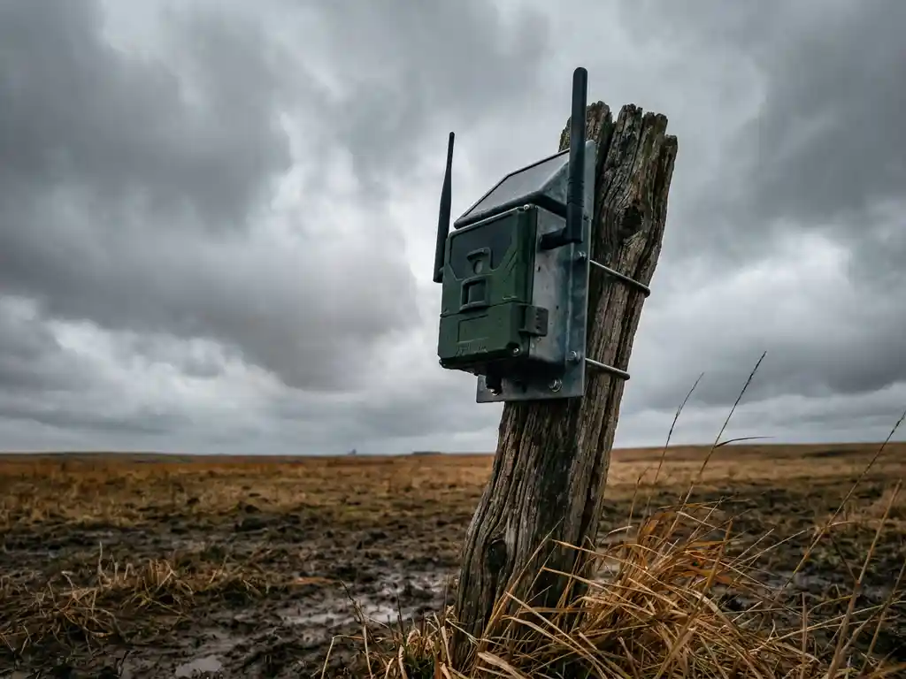 Robuust cellulair monitoringapparaat op verweerde houten paal in afgelegen veld onder bewolkte lucht.
