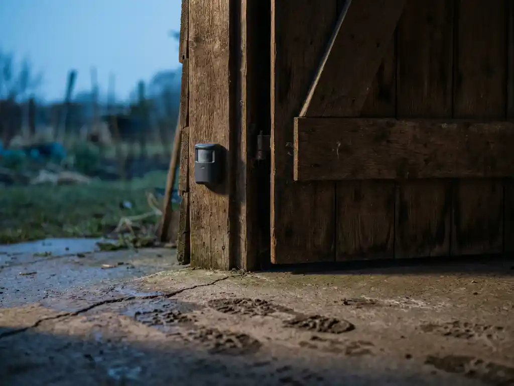 Verweerde houten schuurdeur op een kier bij dageraad, met een draadloze bewegingssensor op de deurpost en moddersporen op de betonnen drempel.