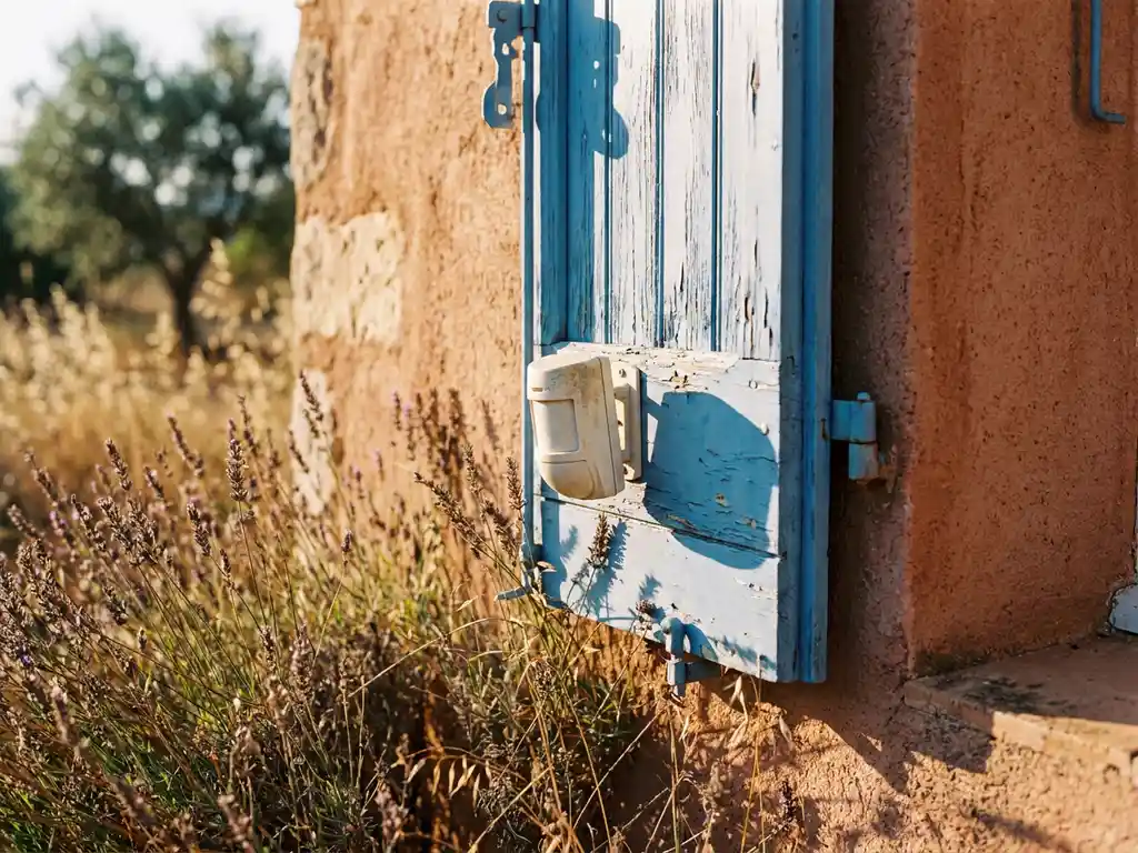 Draadloze beveiligingssensor op verweerde houten luik van verlaten mediterraan vakantiehuis, omgeven door lavendel en droog gras.
