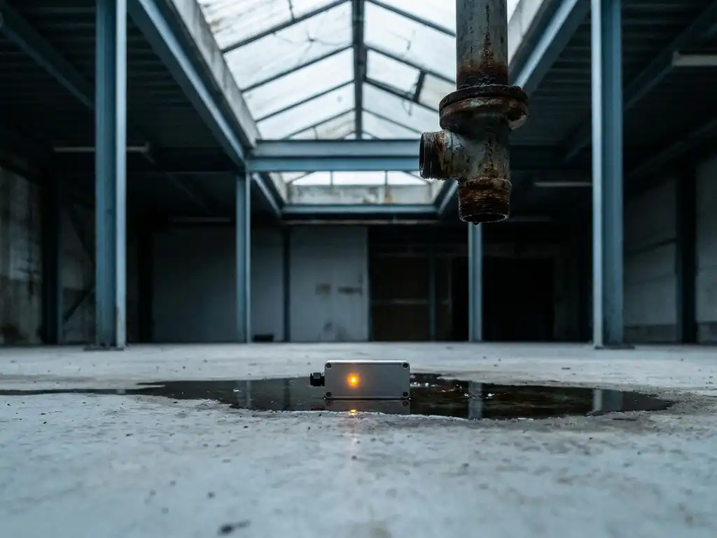Waterdetectiesensor op vochtige betonvloer naast een lekkende pijpverbinding, met oranje waarschuwingslampje in industrieel pand.